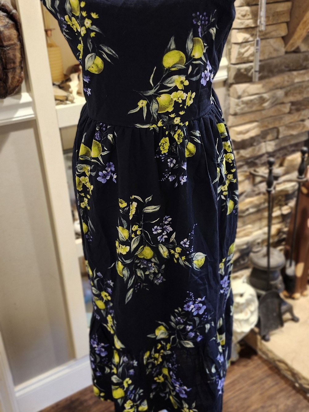 Time and Tru Navy Midi Dress with Yellow Lemon Print